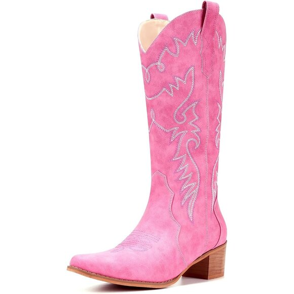 ⚡Women's Pink Pointy Toe Mid Calf Embroidery Western Cowgirl Boots Pull On
